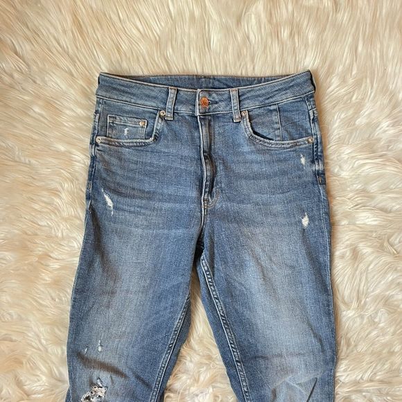 H&M Skinny Ankle Denim Jeans High Waist Raw Hem Distressed Light - Picture 5 of 14